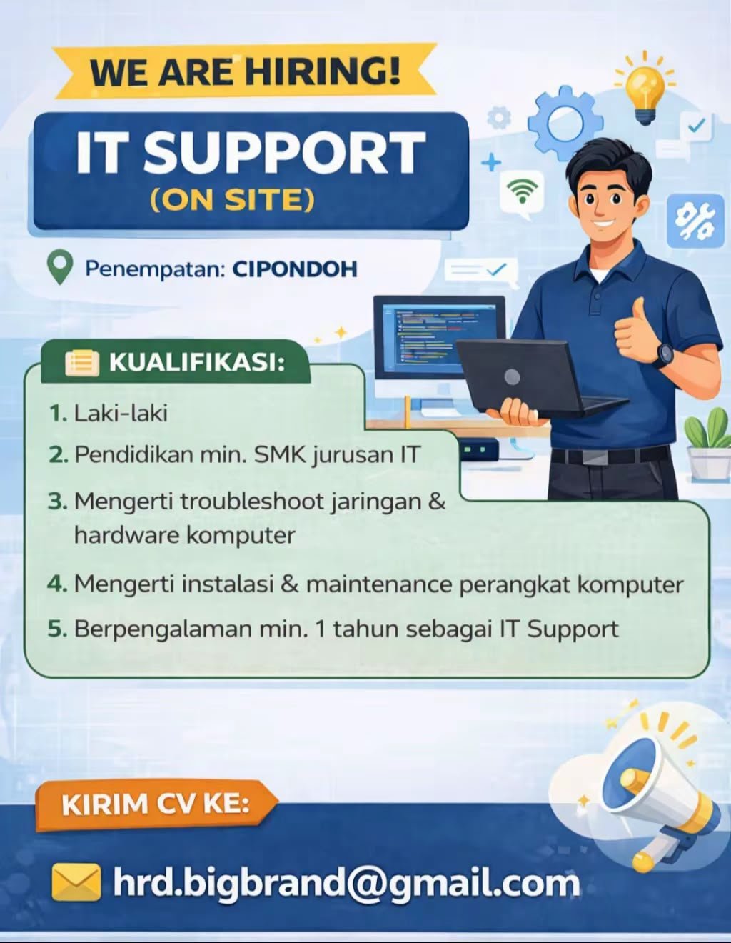 Loker IT Support (On Site) Tangerang Cipondoh